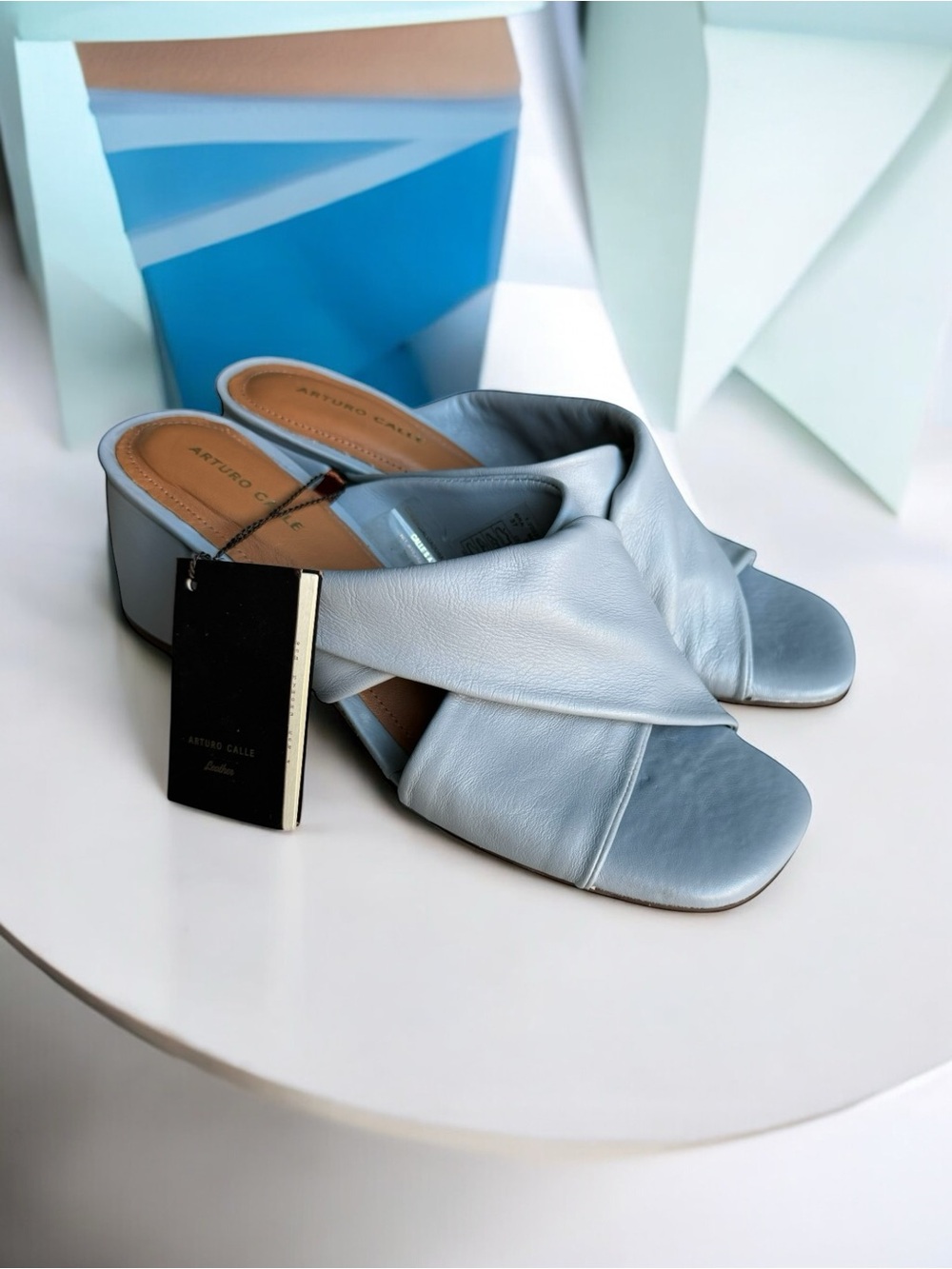 🆕 Arturo Calle Crisscross Blue Leather Sandal Mules